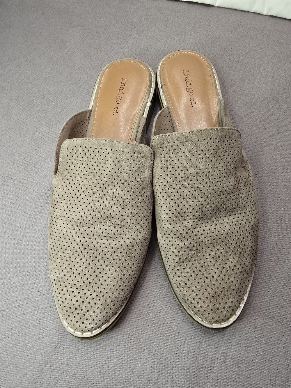 Indigo Taupe Perforated Pointed Toe Slip-On Mules - Picture 3 of 7